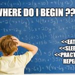 Maths | WHERE DO I BEGIN ??? <<EAT>>
 <<SLEEP>>
 <<PRACTICE>>
REPEAT | image tagged in maths | made w/ Imgflip meme maker