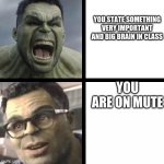 some random zoom meme | YOU STATE SOMETHING VERY IMPORTANT AND BIG BRAIN IN CLASS; YOU ARE ON MUTE | image tagged in angry hulk vs civil hulk | made w/ Imgflip meme maker