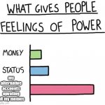 What gives people feelings of power | my alternative accounts upvoting all my memes | image tagged in what gives people feelings of power | made w/ Imgflip meme maker