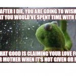 ur gonna miss me | AFTER I DIE, YOU ARE GOING TO WISH THAT YOU WOULD'VE SPENT TIME WITH ME. WHAT GOOD IS CLAIMING YOUR LOVE FOR YOUR MOTHER WHEN IT'S NOT GIVEN OR FELT? | image tagged in kermit the frog rain window | made w/ Imgflip meme maker