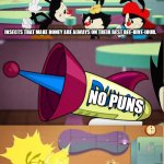 Animaniacs Pun Gun | INSECTS THAT MAKE HONEY ARE ALWAYS ON THEIR BEST BEE-HIVE-IOUR. NO PUNS; NO PUNS; NO PUNS | image tagged in animaniacs pun gun | made w/ Imgflip meme maker