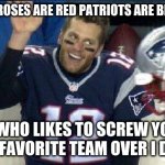 Left Tom Brady Hanging | ROSES ARE RED PATRIOTS ARE BLUE; WHO LIKES TO SCREW YOUR FAVORITE TEAM OVER I DO | image tagged in left tom brady hanging | made w/ Imgflip meme maker