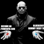 blue for sure | BLUEBERRY GUMMY (VERY TASTY); BECOME AN ALL POWERFUL GOD | image tagged in matrix morpheus offer | made w/ Imgflip meme maker