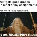 true story | Me: *gets good grades on most of my assignments*; That one missing assignment: | image tagged in gandalf you shall not pass,school | made w/ Imgflip meme maker