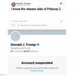 Now we'll never know | I know the release date of Petscop 2. | image tagged in trump twitter account suspended,pyrocynical | made w/ Imgflip meme maker