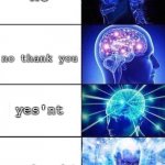 Brain Mind Expanding | no; no thank you; yes'nt; yes please'nt | image tagged in brain mind expanding,funny,meme,brain | made w/ Imgflip meme maker