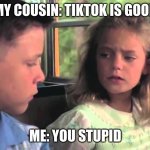 Are you stupid or something | MY COUSIN: TIKTOK IS GOOD; ME: YOU STUPID | image tagged in are you stupid or something | made w/ Imgflip meme maker