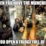 munchies | WHEN YOU HAVE THE MUNCHIES... AND YOU OPEN A FRIDGE FULL OF FOOD! | image tagged in lord of the rings | made w/ Imgflip meme maker