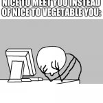 Computer Guy Facepalm | VEGANS AFTER SAYING NICE TO MEET YOU INSTEAD OF NICE TO VEGETABLE YOU: | image tagged in memes,computer guy facepalm | made w/ Imgflip meme maker