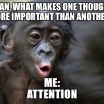Attention is key | SEAN, WHAT MAKES ONE THOUGHT MORE IMPORTANT THAN ANOTHER? ME:
ATTENTION | image tagged in ooooh monkey | made w/ Imgflip meme maker