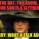 Waht you talk about | THE HAT: YOU KNOW... YOUR SON IS A SLYTHERIN; HARRY: WAHT U TALK ABOUT | image tagged in harry potter sorting hat | made w/ Imgflip meme maker
