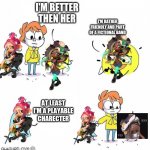 fight me | I'M BETTER THEN HER; I'M RATHER FRIENDLY AND PART OF A FICTIONAL BAND; AT LEAST I'M A PLAYABLE CHARECTER | image tagged in day vs night,splatoon,splatoon 2,octoling | made w/ Imgflip meme maker