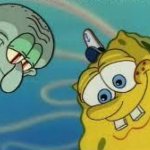 Spongebob and Squidward looking down on pizza