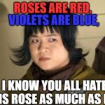 VIOLETS ARE BLUE, ROSES ARE RED, I KNOW YOU ALL HATE THIS ROSE AS MUCH AS I DO | image tagged in memes,roses are red | made w/ Imgflip meme maker