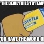 Twisted tea fist | WHEN THE DEVIL TRIES TO TEMPT YOU BUT YOU HAVE THE WORD OF GOD | image tagged in twisted tea fist | made w/ Imgflip meme maker