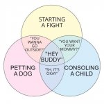 Venn diagram starting a fight petting a dog consoling a child meme
