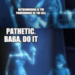 Ponds' death | WHAT HAVE YOU LEARNT IN SCHOOL; MITOCHONDRIA IS THE POWERHOUSE OF THE CELL; PATHETIC. BABA, DO IT | image tagged in ponds' death,mitochondria,education | made w/ Imgflip meme maker