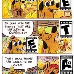 haha videogame ratings go m17+ | image tagged in this is fine dog,video game,ratings,this is fine | made w/ Imgflip meme maker