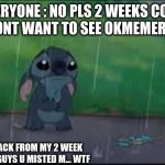 hey im back and u probaly hate me | EVERYONE : NO PLS 2 WEEKS COME BACK I DONT WANT TO SEE OKMEMERS MEMES; ME COMING BACK FROM MY 2 WEEK BREAK ME: HEY GUYS U MISTED M... WTF | image tagged in come back | made w/ Imgflip meme maker
