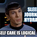 Self-Care Spock | SLEEP,
JOURNAL,
HYDRATE. SELF CARE IS LOGICAL | image tagged in spock illogical,spock,self care,star trek | made w/ Imgflip meme maker