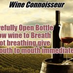 Wine | Wine Connoisseur; -Carefully Open Bottle 
-Allow wine to Breath
-If not breathing give it mouth to mouth immediately | image tagged in wine | made w/ Imgflip meme maker