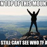 Shout It from the Mountain Tops | IM ON TOP OF THIS MOUNTAIN; AND I STILL CANT SEE WHO TF ASKED | image tagged in shout it from the mountain tops | made w/ Imgflip meme maker