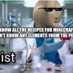 kemist | WHEN U KNOW ALL THE RECIPES FOR MINECRAFT POTIONS BUT YOU DON'T KNOW ANY ELEMENTS FROM THE PERIODIC TABLE | image tagged in kemist | made w/ Imgflip meme maker