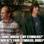 dude wheres my car | "DUDE, WHERE'S MY STIMULUS?"
"WHERE'S YOUR STIMULUS, DUDE?" | image tagged in dude wheres my car | made w/ Imgflip meme maker