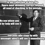 Finagle's Third Law of Research | In any collection of data, the figure most obviously correct, beyond all need of checking, is the mistake. No one whom you ask for help will see it. Everyone who stops by with unsought advice will see it immediately. | image tagged in chalk board scientist,murphy's law,murphology,if anything can go wrong it will,fun,humor | made w/ Imgflip meme maker