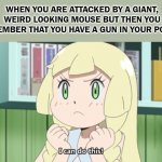 be prepared kids! | WHEN YOU ARE ATTACKED BY A GIANT, WEIRD LOOKING MOUSE BUT THEN YOU REMEMBER THAT YOU HAVE A GUN IN YOUR POCKET | image tagged in positive lillie,pokemon,guns | made w/ Imgflip meme maker