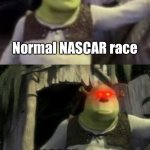 Shocked Shrek Face Swap | Normal NASCAR race NASCAR races in Mario Kart Style! | image tagged in shocked shrek face swap,nascar,mario kart,memes,spicy memes | made w/ Imgflip meme maker
