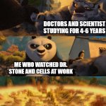 Reject School, Learn Anime | DOCTORS AND SCIENTIST STUDYING FOR 4-6 YEARS; ME WHO WATCHED DR. STONE AND CELLS AT WORK | image tagged in kung fu panda counterpt | made w/ Imgflip meme maker