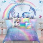Unicorn and rainbow themed hotel room