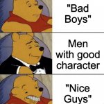 Tuxedo Pooh With Idiot | "Bad Boys"; Men with good character; "Nice Guys" | image tagged in tuxedo pooh with idiot | made w/ Imgflip meme maker