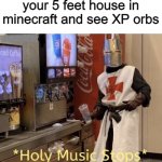 no...not him | when you walk into your 5 feet house in minecraft and see XP orbs | image tagged in holy music stops | made w/ Imgflip meme maker