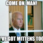 Biden Mittens | COME ON, MAN! I'VE GOT MITTENS TOO | image tagged in biden window | made w/ Imgflip meme maker
