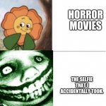 All my selfies belong in the bottom category | HORROR MOVIES; THE SELFIE THAT I ACCIDENTALLY TOOK. | image tagged in cup head flower drake meme | made w/ Imgflip meme maker