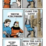 Open the gate | SOMEONE IS COMING! THEY'RE A TIK TOKKER! BUT THEY DON'T MAKE CRINGE! | image tagged in open the gate | made w/ Imgflip meme maker