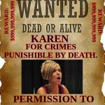 WANTED | REWARD: $999,999,999,999; REWARD: $999,999,999,999; FOR CRIMES PUNISHIBLE BY DEATH. KAREN; PERMISSION TO DESTROY ON SIGHT | image tagged in wanted dead or alive,karen | made w/ Imgflip meme maker