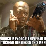 samuel jackson snake on a plane | ENOUGH IS ENOUGH! I HAVE HAD IT WITH THESE MF BERNIES ON THIS MF PLANE! | image tagged in samuel jackson snake on a plane | made w/ Imgflip meme maker