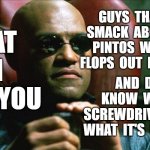 Ford Pinto | WHAT  IF  I  TOLD  YOU GUYS  THAT  TALK  SMACK  ABOUT  FORD  PINTOS  WEAR  FLIP FLOPS  OUT  IN  PUBLIC, AND  DON'T  KNOW  WHAT  A  SCREWDRIV | image tagged in pinto,fordpinto,ford,flipflop | made w/ Imgflip meme maker