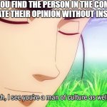 Man, woman, or other of culture | WHEN YOU FIND THE PERSON IN THE COMMENTS ABLE TO STATE THEIR OPINION WITHOUT INSULTING YOU | image tagged in i see you'er a man of culture | made w/ Imgflip meme maker