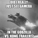 2021 might be a good year after all | DID I REALLY JUST SEE GAMERA; IN THE GODZILLA VS. KONG TRAILER!? | image tagged in gamera flying,godzilla vs kong,mind blown,epic battle | made w/ Imgflip meme maker
