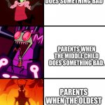Family | PARENTS WHEN THE YOUNGEST CHILD DOES SOMETHING BAD; PARENTS WHEN THE MIDDLE CHILD DOES SOMETHING BAD. PARENTS WHEN THE OLDEST CHILD DOES SOMETHING BAD | image tagged in invader zim,family | made w/ Imgflip meme maker