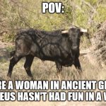Staring bull | POV:; YOU'RE A WOMAN IN ANCIENT GREECE AND ZEUS HASN'T HAD FUN IN A WHILE | image tagged in staring bull | made w/ Imgflip meme maker