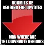 downvotes | NORMIES BE BEGGING FOR UPVOTES; MAN WHERE ARE THE DOWNVOTE BEGGARS | image tagged in downvotes | made w/ Imgflip meme maker