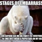 THE HORRIBLE 3 STAGES OF EMBARRASSMENT | THE 3 STAGES OF EMBARRASSMENT; FROM: DID ANYONE SEE ME DO THAT? TO: EVERYONE SAW ME DO THAT.. TO: IMA JUST WEAR A PAPER BAG ON MY HEAD FOREVER | image tagged in the,horrible,3,stages,of,embarrassment | made w/ Imgflip meme maker