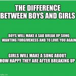 Change my mind | THE DIFFERENCE BETWEEN BOYS AND GIRLS; BOYS WILL MAKE A SAD BREAK UP SONG WANTING FORGIVENESS AND TO LOVE YOU AGAIN; GIRLS WILL MAKE A SONG ABOUT HOW HAPPY THEY ARE AFTER BREAKING UP | image tagged in green screen,boys vs girls,singing | made w/ Imgflip meme maker