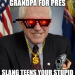 Bernie Sanders | SLANG GRANDPA FOR PRES; SLANG TEENS YOUR STUPID IF YOU DONT VOTE FOR ME | image tagged in bernie sanders | made w/ Imgflip meme maker