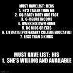 Dating Must-Haves | MUST HAVE LIST:  HERS

1.  HE'S TALLER THAN ME
2.  GQ-READY BODY AND FACE
3.  6-FIGURE INCOME
4.  OWNS HIS OWN HOME
5.  NO KIDS OR EXES
6.   | image tagged in black square | made w/ Imgflip meme maker